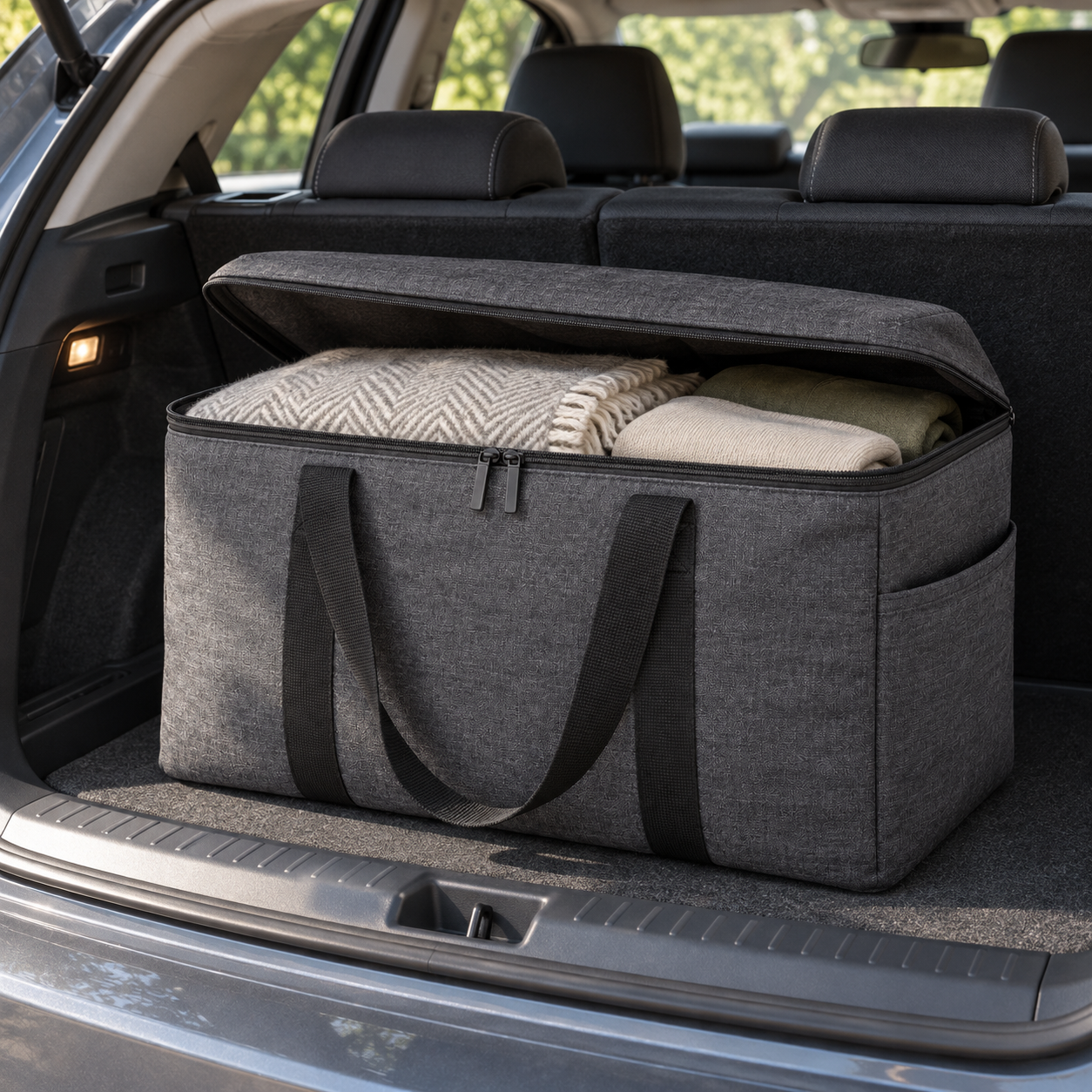 Foldable car storage bag in a car boot