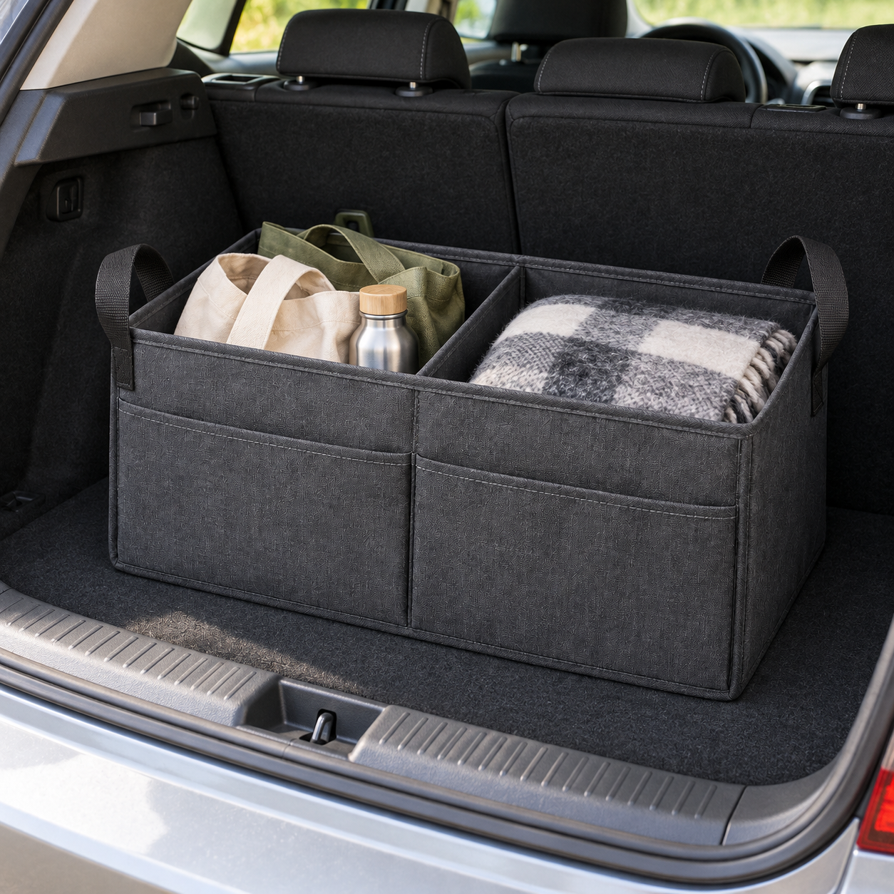 Boot storage organiser arranged inside a car boot